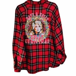 Have A Holly Dolly Christmas Custom Upcycled Red Plaid Flannel Shirt, 2X